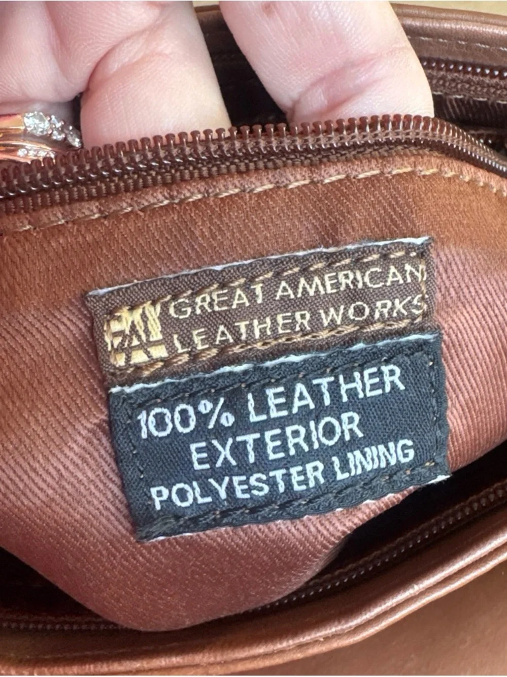 100% leather Structured Tan Satchel with Multiple Zip Pockets, Great American